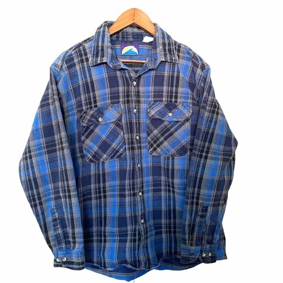 Vintage Men's North Crest Blue Black Plaid Button Up Shacket Jacket Size XL - Picture 1 of 6